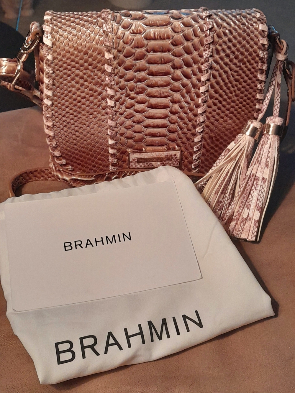 Brahmin Metallic Bronze Embossed Python Crossbody with Tassel & Dust Bag